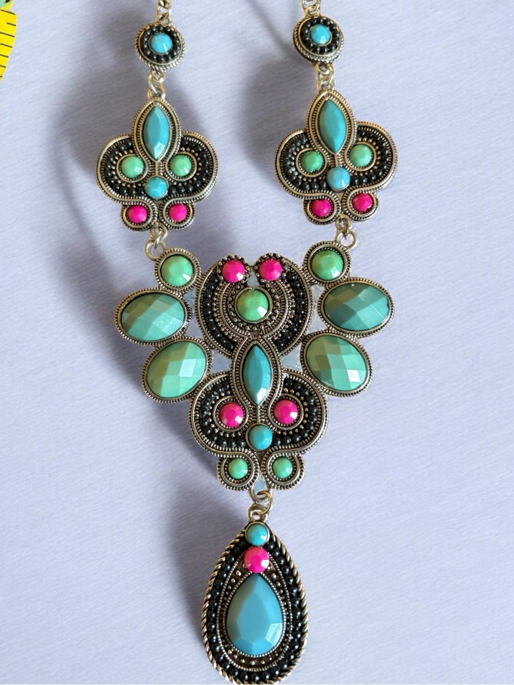 Topshop Boho Statement Pendant Bib Necklace Teal Green Turquoise Blue & Fuchsia